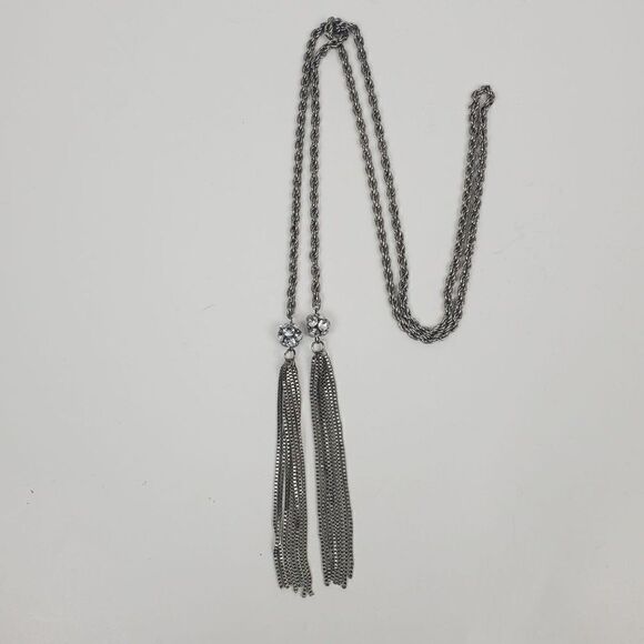 Vintage Silver Tone Rope Chain Box Tassel Round Clear Ball Lariat Opera Necklace - Picture 4 of 11